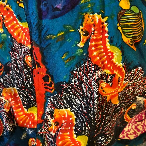 Vintage Handmade Tropical Fish Seahorse Midi Dress Size L/XL Blue Orange Ocean - Picture 2 of 3